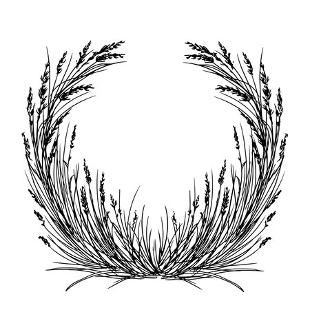 A wreath of wild grasses and sedges, silhouetted black and white sketch. Vector illustration. Dry twigs and foliage, round frame, isolated on a white background. For birthday, wedding, textile decorのイラスト素材