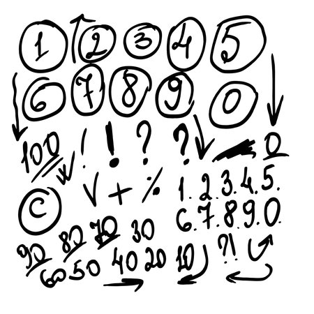 School test, numbers, letters, circles and arrows, hand-drawn sketch. Vector illustration. A set of icons of different shapes, highlighted on a white background. Fancy doodle lines, tests, pros,のイラスト素材