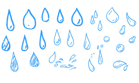 Drops and splashes of water, a set of doodle-style icons. Vector illustration. A set of silhouettes of dew and rain is isolated on a white background. Rain concept, weather forecast, ecologyのイラスト素材