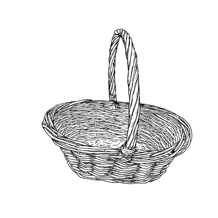 Wicker basket made of vines with a handle, black and white sketch. Vector illustration. The classic basket for picking mushrooms and autumn harvest is isolated on white background. For books, postcardのイラスト素材