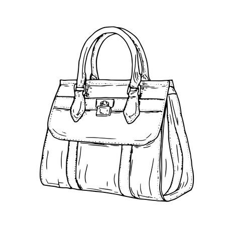 Womens bag with a top handle, black and white sketch. Vector illustration. Satchel bag, shoulder bags, insulated on a white background. Simple hand-made drawing in a simple styleのイラスト素材