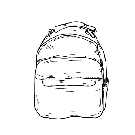 Ladys backpack, black and white ink sketch. Vector illustration. Womens handbag, isolated on a white background. Travel backpack for leisure and travelのイラスト素材
