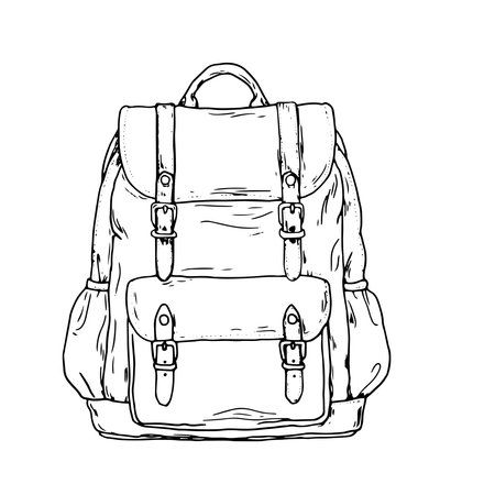 Travel backpack with straps and pockets, black and white sketch. Vector illustration. Isolated school backpack on a white background. Travel bag for travel and road adventuresのイラスト素材