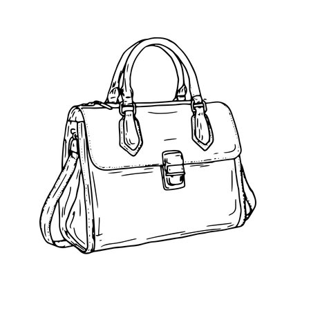 Women's bag with a top handle, black and white sketch. Vector illustration. Satchel bag, shoulder bags, insulated on a white background. Simple hand-made drawing in a simple styleのイラスト素材