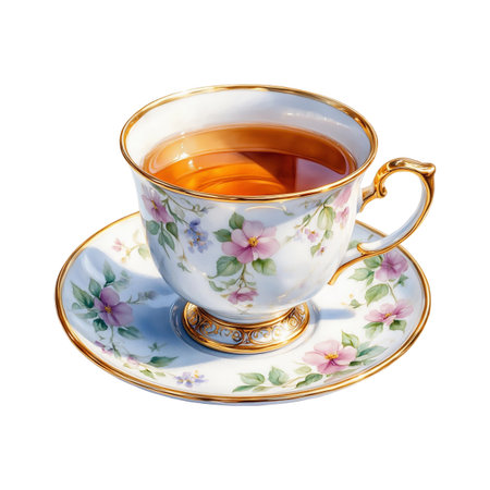 An elegant cup of tea. Watercolor digital illustration. Porcelain mug from a tea set, isolated on a white background. The theme of tea drinking, coffee shops, and a cozy breakfastの素材
