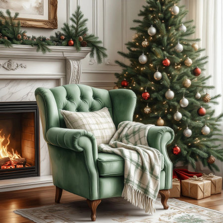 Soft armchair next to fireplace. Large Christmas tree gift boxes. Watercolor digital illustration. Cozy blanket and pillow, fluffy carpet on the floor. Theme of the holiday season, New Year holidays.の素材