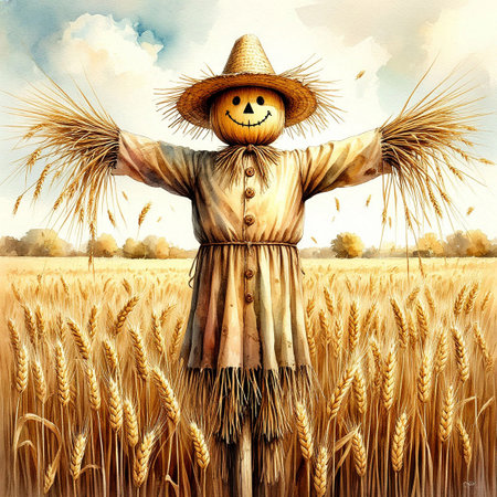 Funny straw scarecrow in a hat on a stick. Watercolor digital illustration. A scarecrow guards a wheat field with ripe ears. Summer, harvest, blue sky and cloudsの素材