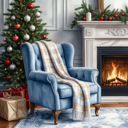 Soft armchair next to fireplace. Large Christmas tree gift boxes. Watercolor digital illustration. Cozy blanket and pillow, fluffy carpet on the floor. Theme of the holiday season, New Year holidays.の素材