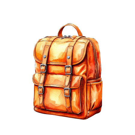 A bright, cheerful school backpack. Watercolor digital illustration. Student's bag with pockets and straps, isolated on a white background. The topic of study, college, school and tourismの素材