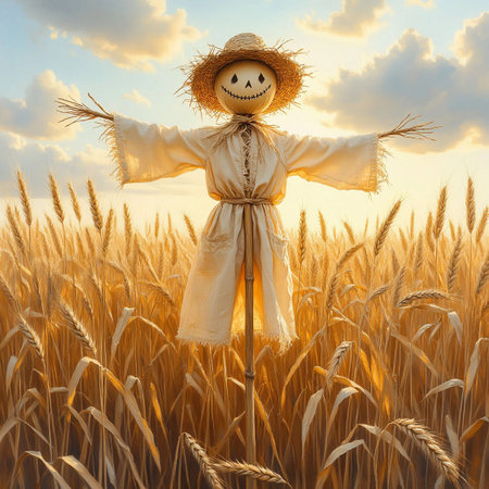 Funny straw scarecrow in a hat on a stick. Watercolor digital illustration. A scarecrow guards a wheat field with ripe ears. Summer, harvest, blue sky and cloudsの素材