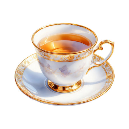 An elegant cup of tea. Watercolor digital illustration. Porcelain mug from a tea set, isolated on a white background. The theme of tea drinking, coffee shops, and a cozy breakfastの素材