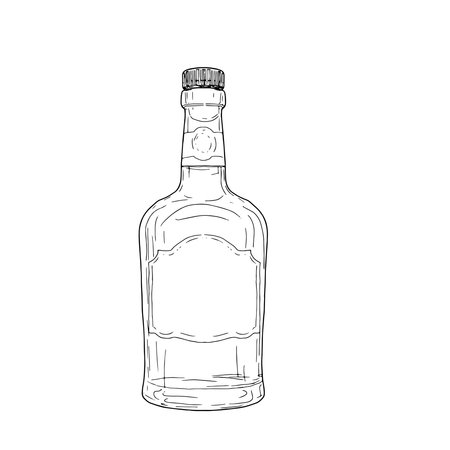 Glass bottle with cork and label, black and white ink sketch. Vector illustration. Wine, whiskey or scotch bottle, isolated on white background. For alcohol, cocktail or soft drinksのイラスト素材