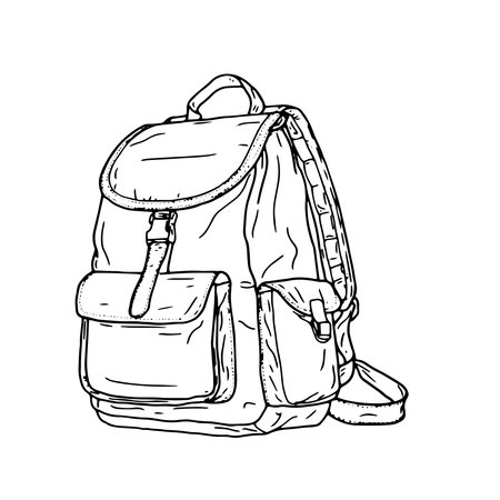 Backpack for school and camping, black and white ink sketch. Vector illustration. The bag is a bag, isolated on a white background. For students, schoolchildren and tourists, for travel and recreationのイラスト素材