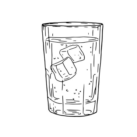 Glass of vodka or rum with ice cubes and lemon wedges, black and white sketch. Vector illustration. Classic alcoholic drink isolated on white background. Glass of whiskey, for postcards and printing.のイラスト素材