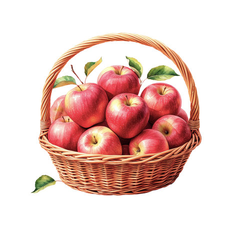 Ripe red apples in a wicker basket. Digital watercolor illustration. Fruit harvest from the garden, isolated on a white background. For recipes, articles, menus, and cookbooksの素材