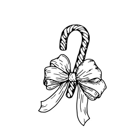 New Year's candy cane, black and white sketch. Vector illustration. Traditional decoration with a bow, isolated on white background. For postcards, invitations, New Year's Eve, textiles and packagingのイラスト素材