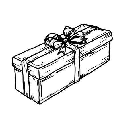 Gift box with a bow, black and white sketch. Vector illustration. Festive packaging, insulated on a white background. Birthday, Christmas, New Year and holidays themeのイラスト素材