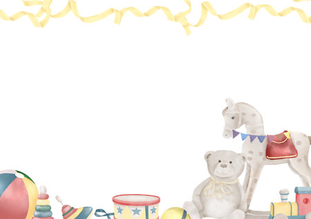 Funny children's card with a rocking horse and teddy bear. Watercolor digital illustration. Toy train, pyramid and drum, children's toys isolated on white background. Children's party theme, birthdayの写真素材