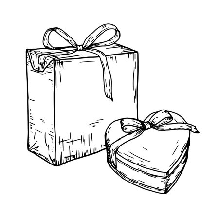 Gift box in the shape of a heart with a bow, black and white sketch. Vector illustration. Square gift box, insulated on a white background. Birthday, Christmas, New Year and holidays themeのイラスト素材