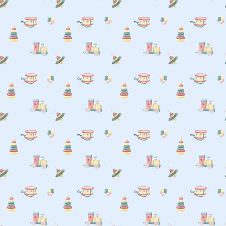 Children's toys and garland with flags, seamless pattern. Watercolor illustration. Toy drum, train and pyramid, isolated on a blue background. For printing on textiles, wallpaper, for children's decorの写真素材