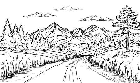 Silhouette of mountains on the horizon and road, trees and grass. Vector illustration. Nature landscape, simple drawing, isolated on white background. For prints, tourism, travel, vacations, coloring.のイラスト素材