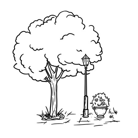 A tree and a park lantern, a flowerbed with flowers in the grass, a sketch. The drawing is in a simple style, isolated on a white background. Alley of the city park, square. Vector illustration.のイラスト素材