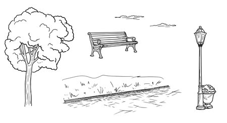 A tree and a park lantern, flowerbed with flowers in grass, a sketch. Drawing is hand-drawn, a simple drawing, the set is isolated on white background. Alley of city park, square. Vector illustration.のイラスト素材