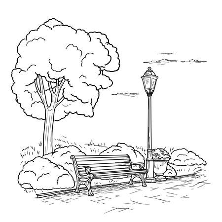 A tree and a park lantern, flowerbed with flowers in grass, a sketch. Drawing is hand-drawn, a simple drawing, is isolated on white background. Alley of city park, square. Vector illustration.のイラスト素材