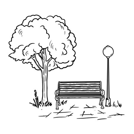 A tree and a park lantern, a flowerbed with flowers in the grass, a sketch. The drawing is in a simple style, isolated on a white background. Alley of the city park, square. Vector illustration.のイラスト素材