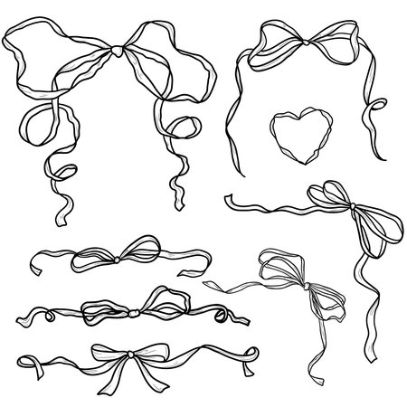 Ribbon bow, whimsical hand-drawn, sketch. Vector illustration. Elegant collection of bows with flowing ends, isolated on a white background. For wrapping romantic gifts, cards, and for print textiles.のイラスト素材