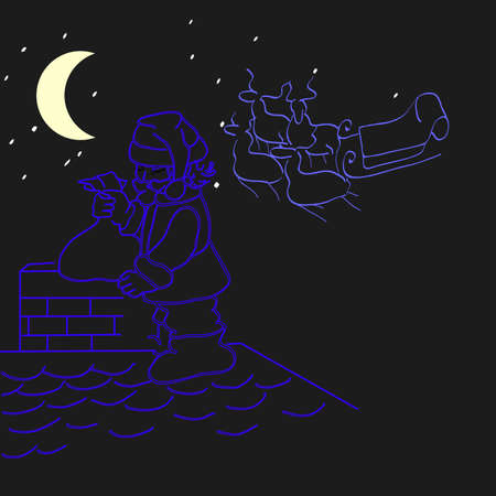 Santa Claus on the roof at night.のイラスト素材