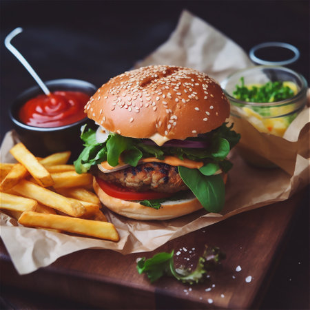bacon cheeseburger with french fries. AI generated contentの素材