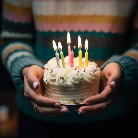 female hands holding a birthday cake with burning candles for birthday. AI generated contentの素材