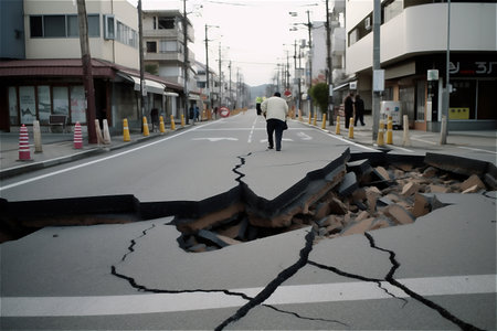 cracked asphalt after earthquake. AI generated contentの素材