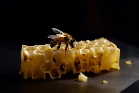 A bee sitting on a honeycomb on dark background. AI generated contentの素材
