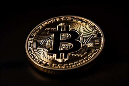 Golden Bitcoin on dark backround. New virtual money. Crypto currency. Creative artwork decoration. Selective focus. AI generated contentの素材