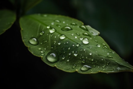 Beautiful large drop morning dew in nature, selective focus. Drops of clean transparent water on leaves. Spring summer natural background. AI generated contentの素材
