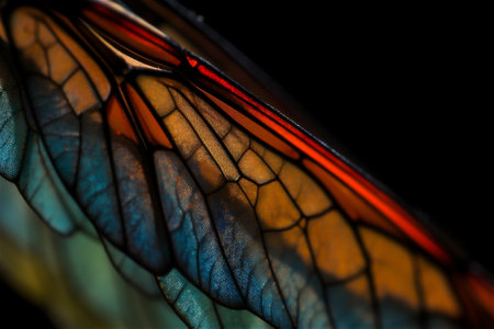 Close up image of a colorful dragonfly wing on dark background. AI generated contentの素材