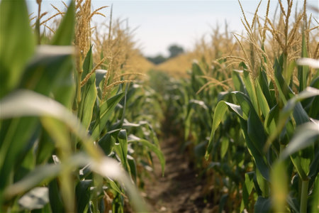 Young green corn growing on the field. Young Corn Plants. Corn grown in farmland. Green maize plants on field. Agricultural landscape. AI generated contentの素材