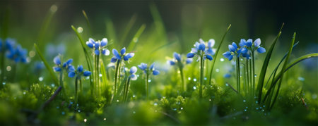 Flowers in a green grass on a sunny meadow. banner. AI generated contentの素材