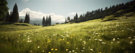 Flowers in a green grass on a sunny meadow. banner. AI generated content