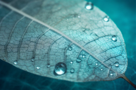 blue leaf with rain water drops macro background. AI generated contentの素材