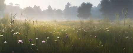 Flowers in a green grass on a sunny meadow. banner. AI generated contentの素材
