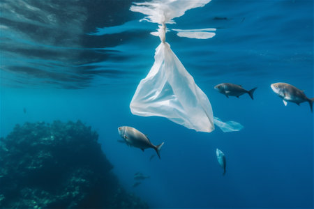 plastic bottles and microplastics floating in the open ocean. Marine plastic pollution concept. AI generated contentの素材