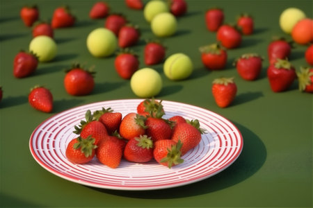 Strawberries and tennis balls on grass. Wimbledon Grand slam tennis concept. AI generated contentの素材