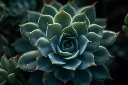 Macro of a succulent plant. Close up of a teal cactus. Teal cactus leaves. Tidewater green background. Cactus plant pattern wallpaper. AI generated contentの素材