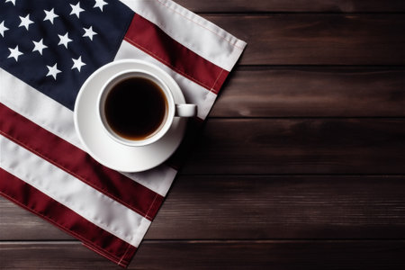 Cup of coffee, tea and American flag on wooden table background, top view with copy space. AI generated contentの素材
