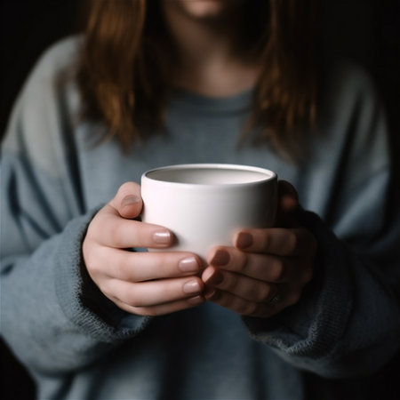 girl holding a white cup, mug in her hands, close up. AI generated contentの素材