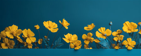 Floral summer spring background banner. Yellow flowers close-up on a blue green background. AI generated contentの素材