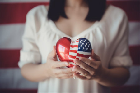 female hands holding USA heart symbol for independence day. AI generated contentの素材